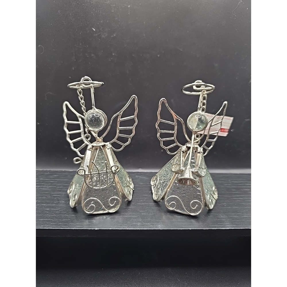 Set of‎ 2 Stained Glass Angels playing Instruments 4.3"